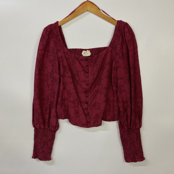 Anthropologie Tops - by ANTHROPOLOGIE Romantic Women's Top Medium Burgundy Puff-Sleeved Leaf Print